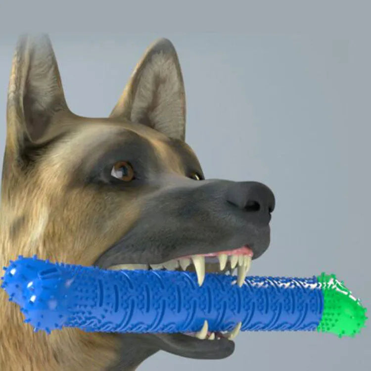 Blue green silicone dog molar tooth cleaner brushing stick with textured brush head and nodules