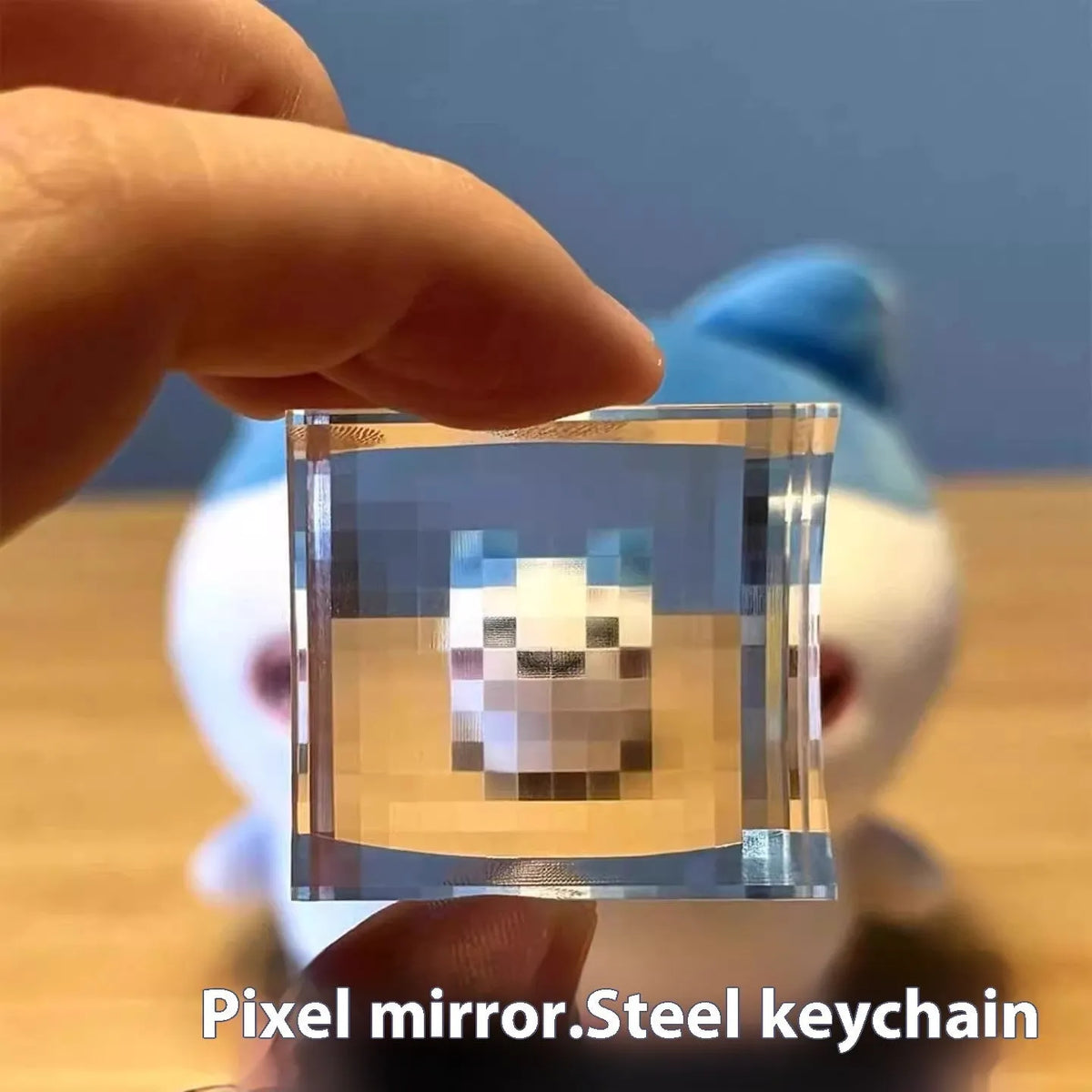 Acrylic Pixel Stone Mosaic Filter My World keychain in prismatic black, pink, or blue colour.