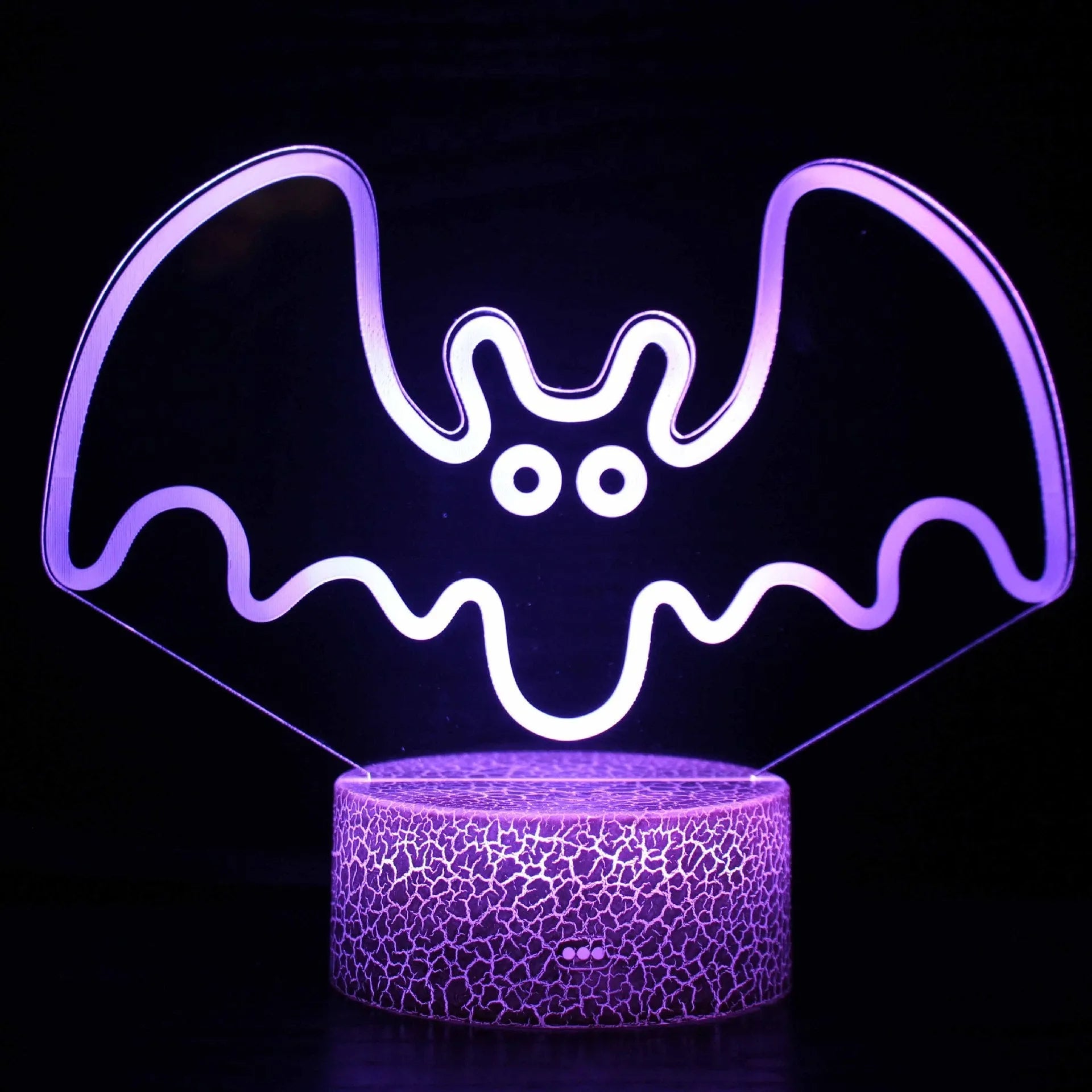 Colourful acrylic 3D USB table lamp with touch control on a small black ABS base.