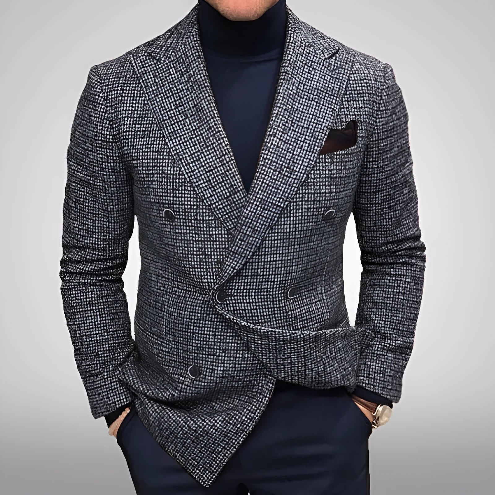 Men's loose casual plaid jacket in gray with side pockets, knitted polyester fabric, slim fit