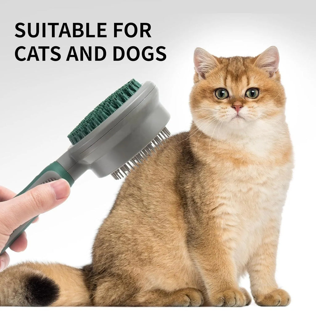 Green and pink dual-sided pet brush showing slicker brush side and silicone massage head side