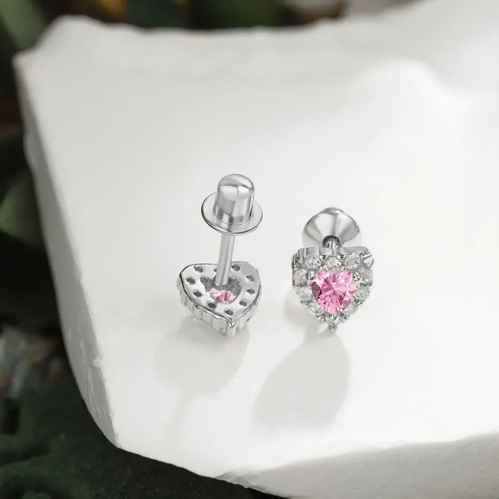 925 silver heart stud earrings with zircon detail in white or pink diamond colour