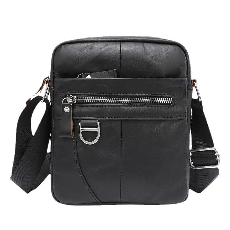 Black leather messenger bag for boys with 8-inch size and visible stitching
