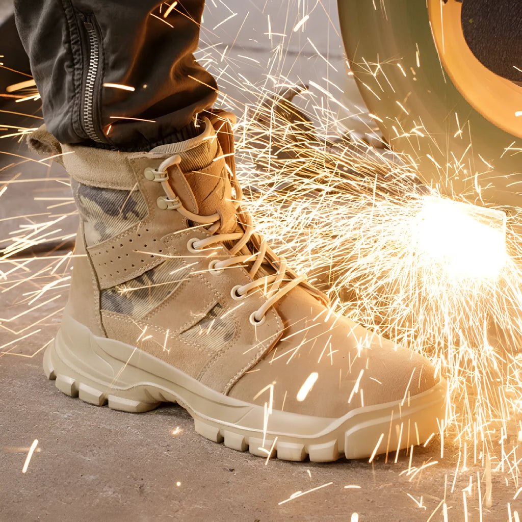 Khaki high-top suede combat boots with steel toe cap and front lace-up closure on a rubber sole.