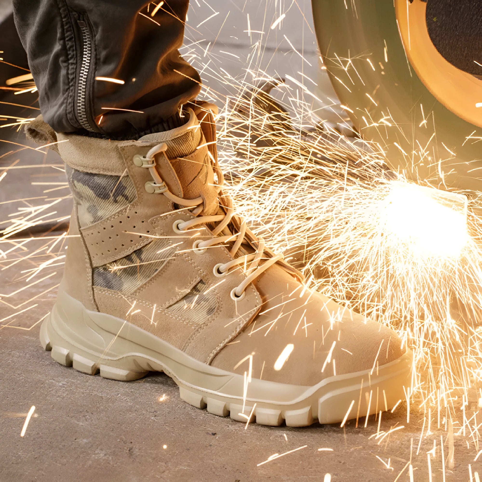 Khaki high-top suede combat boots with steel toe cap and front lace-up closure on a rubber sole.