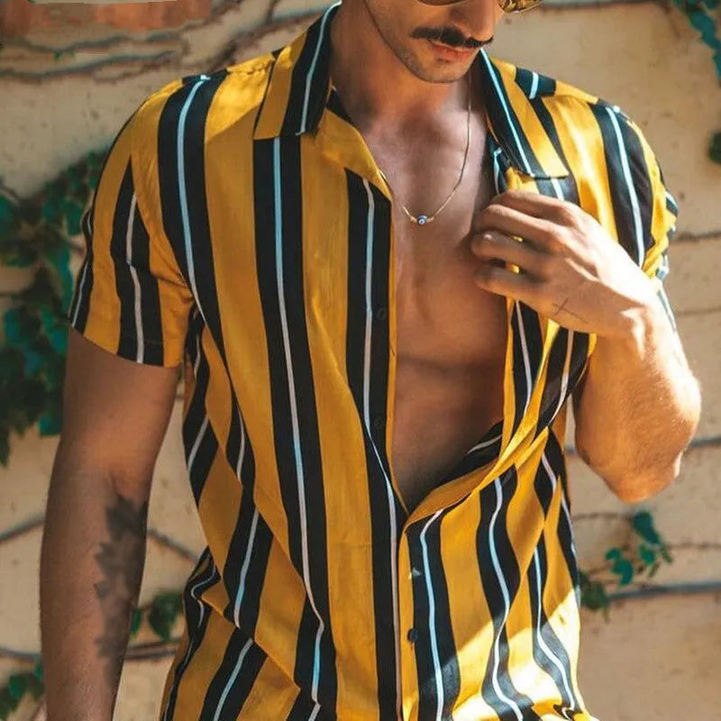 Men's soft cotton loose fit short sleeve casual shirt in yellow for summer streetwear