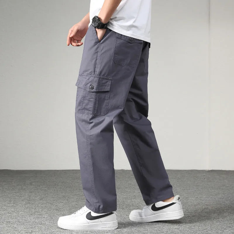 Men's cotton straight-leg casual pants in khaki, black, army grey, dark grey or light grey, sizes M to 6XL