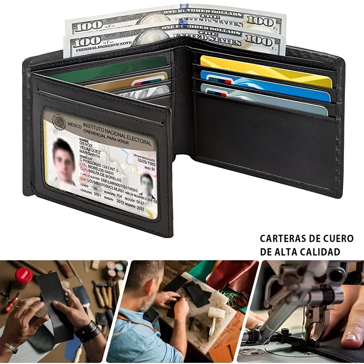 Black men's anti-magnetic wallet with PU leather outer, microfiber lining, and sewing line detail
