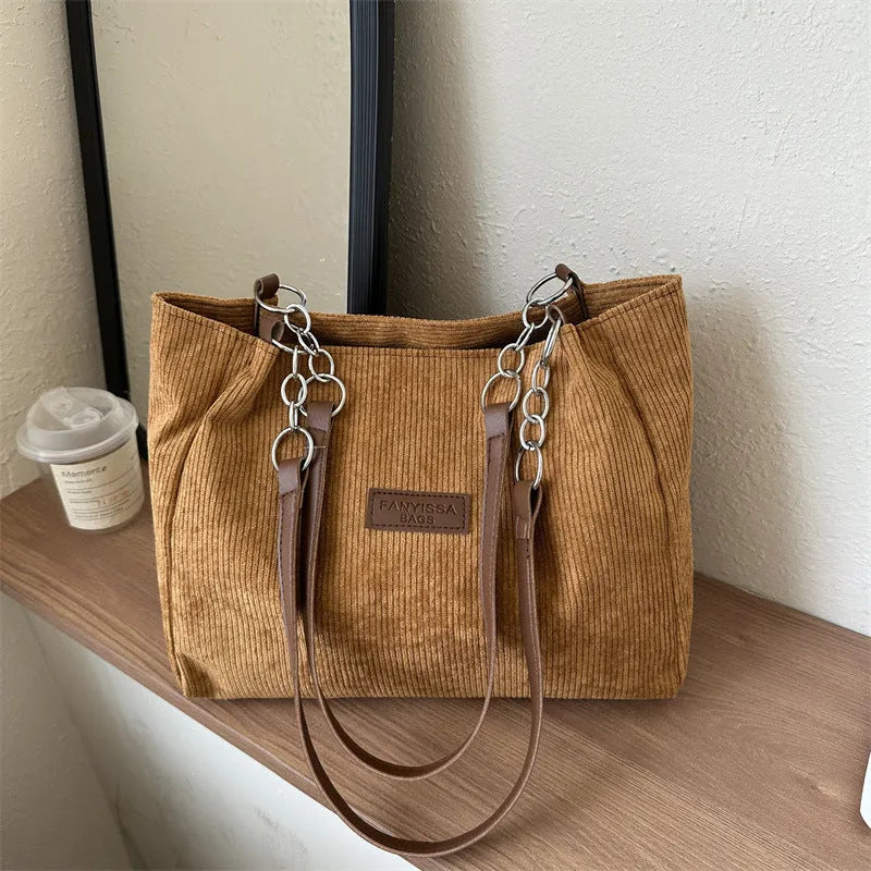 Corduroy one-shoulder tote handbag in square design with three-dimensional pocket