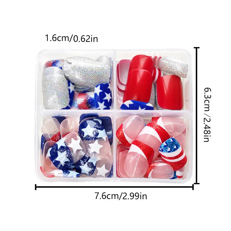 False nails with American flag and star design in red, white, and blue colours, short European square shape
