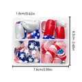 False nails with American flag and star design in red, white, and blue colours, short European square shape