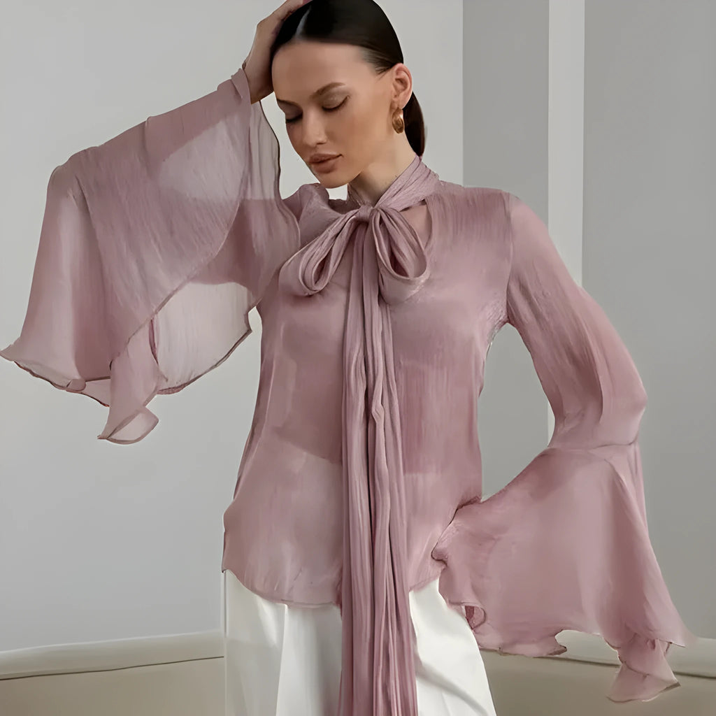 Women's flared sleeve long sleeve blouse in solid colour with lace-up detail, loose fit, polyester fabric