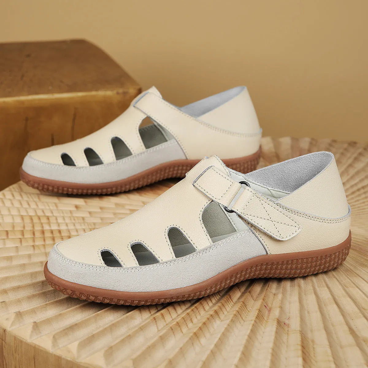 Women's plus size flat heel sandals with hollow toe cap design in blue, red or white colours