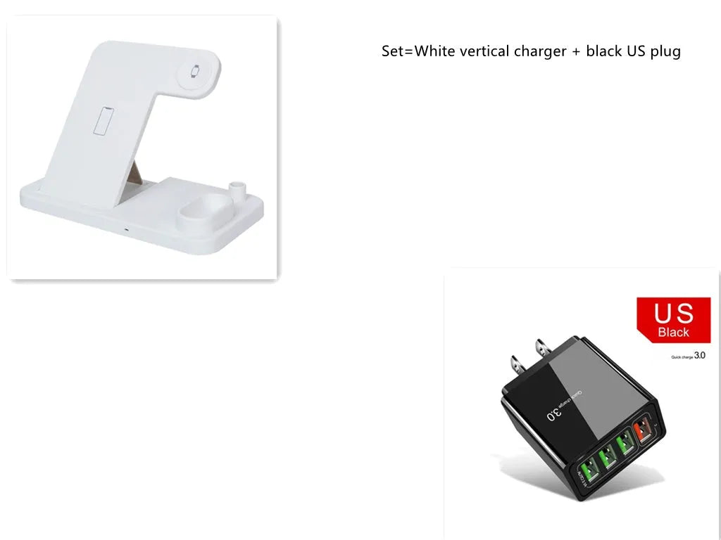 4-in-1 wireless charging station with phone, Apple Watch, and AirPods on adjustable magnetic stand