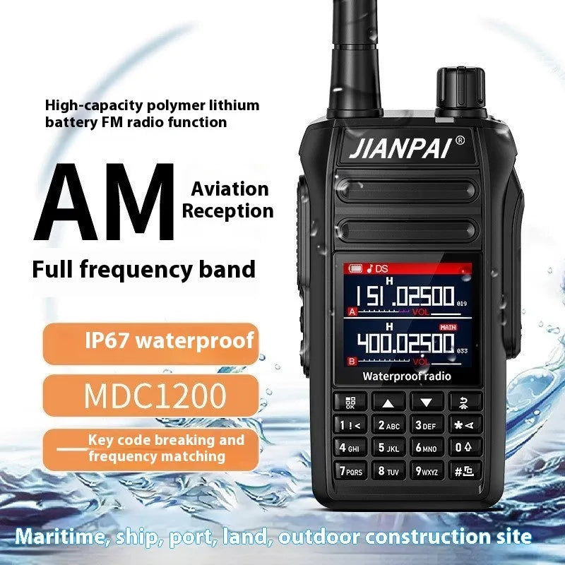 Black Interphone waterproof aviation walkie talkie with antenna, battery, back clip, and seat charger.