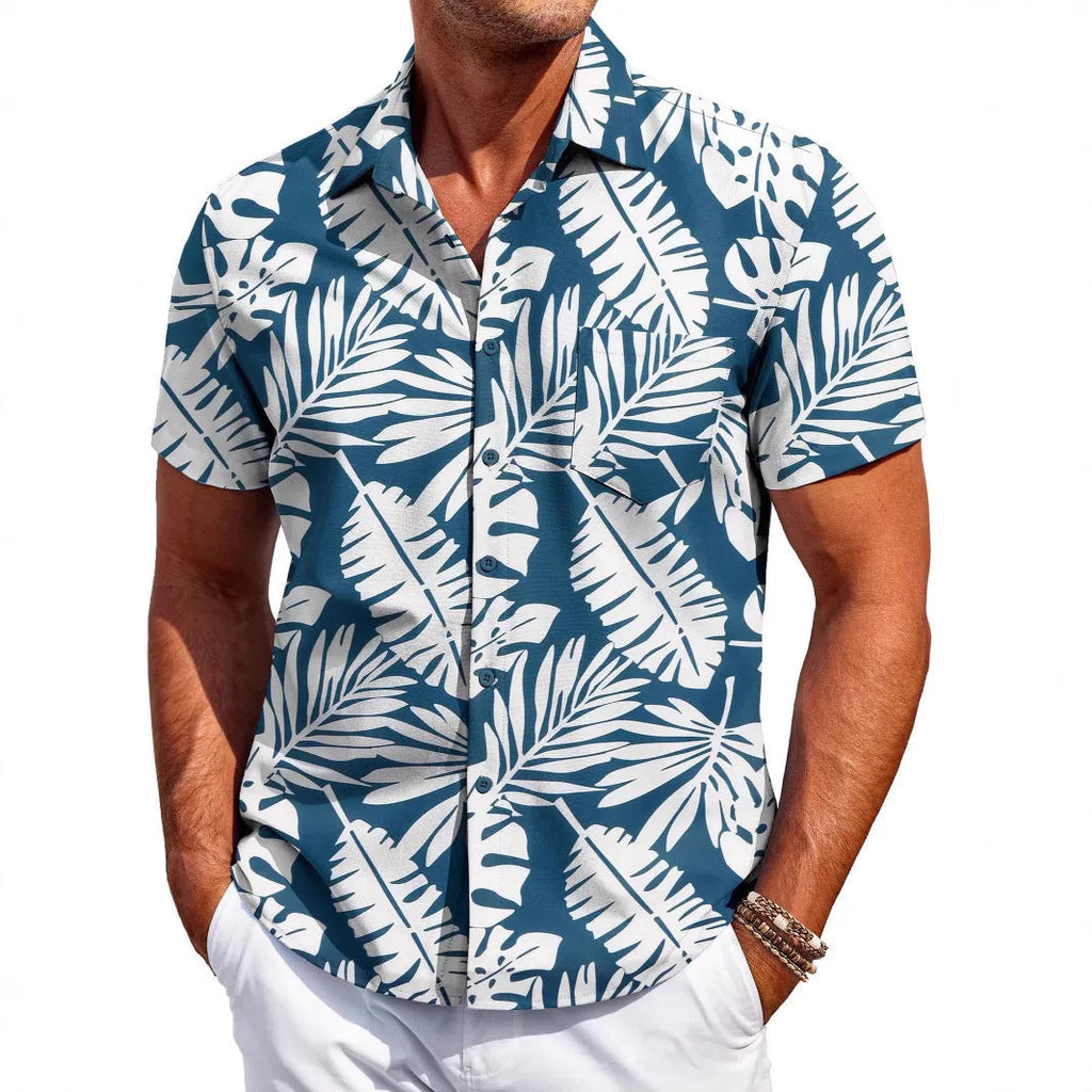 Man wearing a slim-fit short sleeve Hawaiian shirt in a cardigan style, available in various colours.