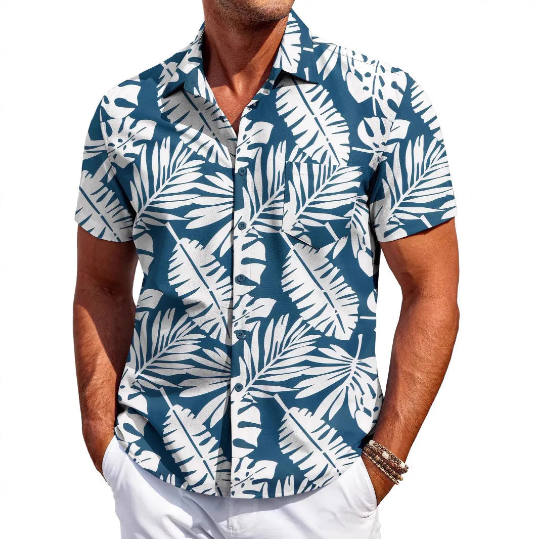Man wearing a slim-fit short sleeve Hawaiian shirt in a cardigan style, available in various colours.