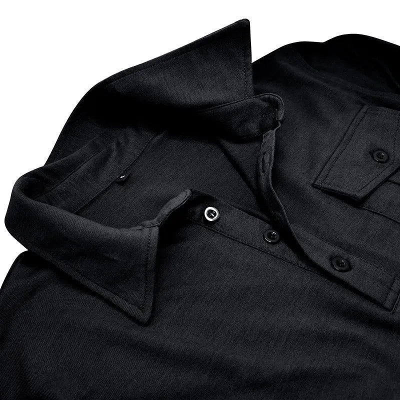Men's solid colour long sleeve lapel shirt with asymmetric detail, cotton blend, regular fit, available in seven colours