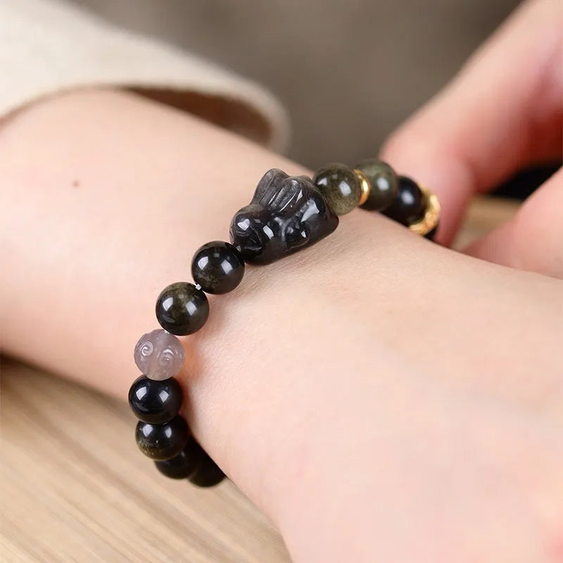Handmade lying rabbit obsidian bracelet with brass charm and grey agate beads in two sizes