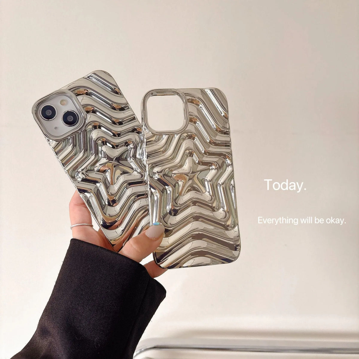 Silver electroplated iPhone case with three-dimensional star design and TPU soft shell
