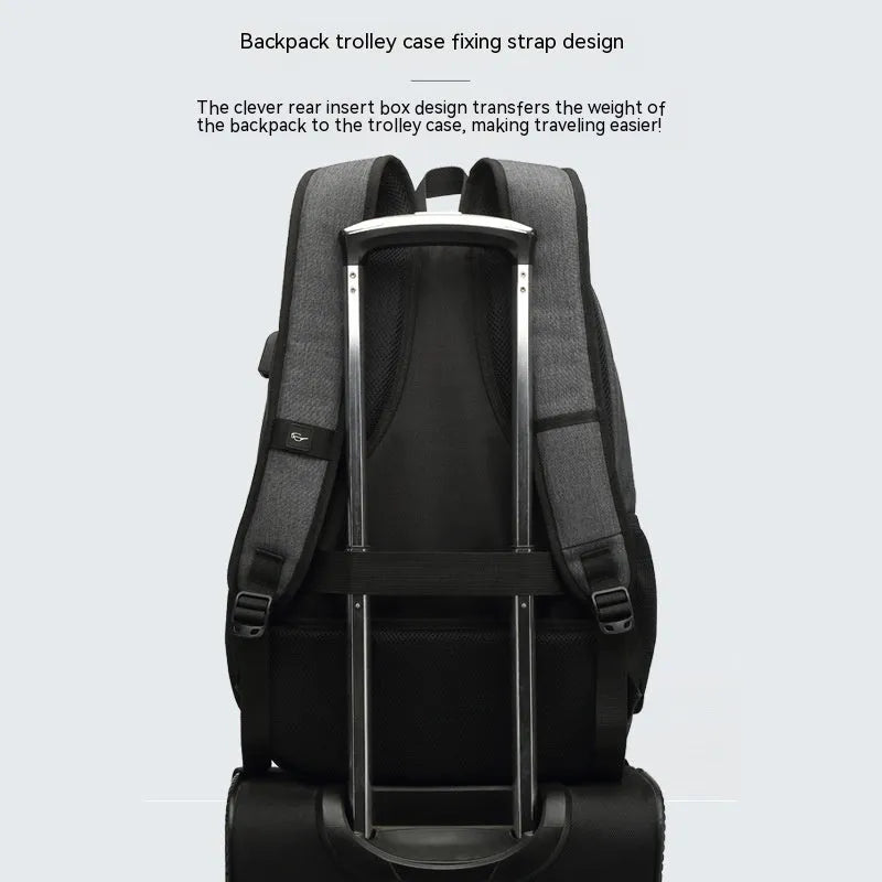 Gray lightweight backpack with USB charging port and trolley sleeve in nylon fabric