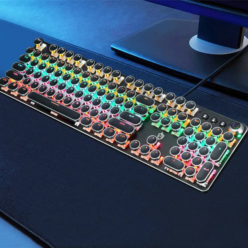 Retro punk electroplated knob mechanical keyboard with 104 keys, USB wired connection and seven-colour backlight in black or white