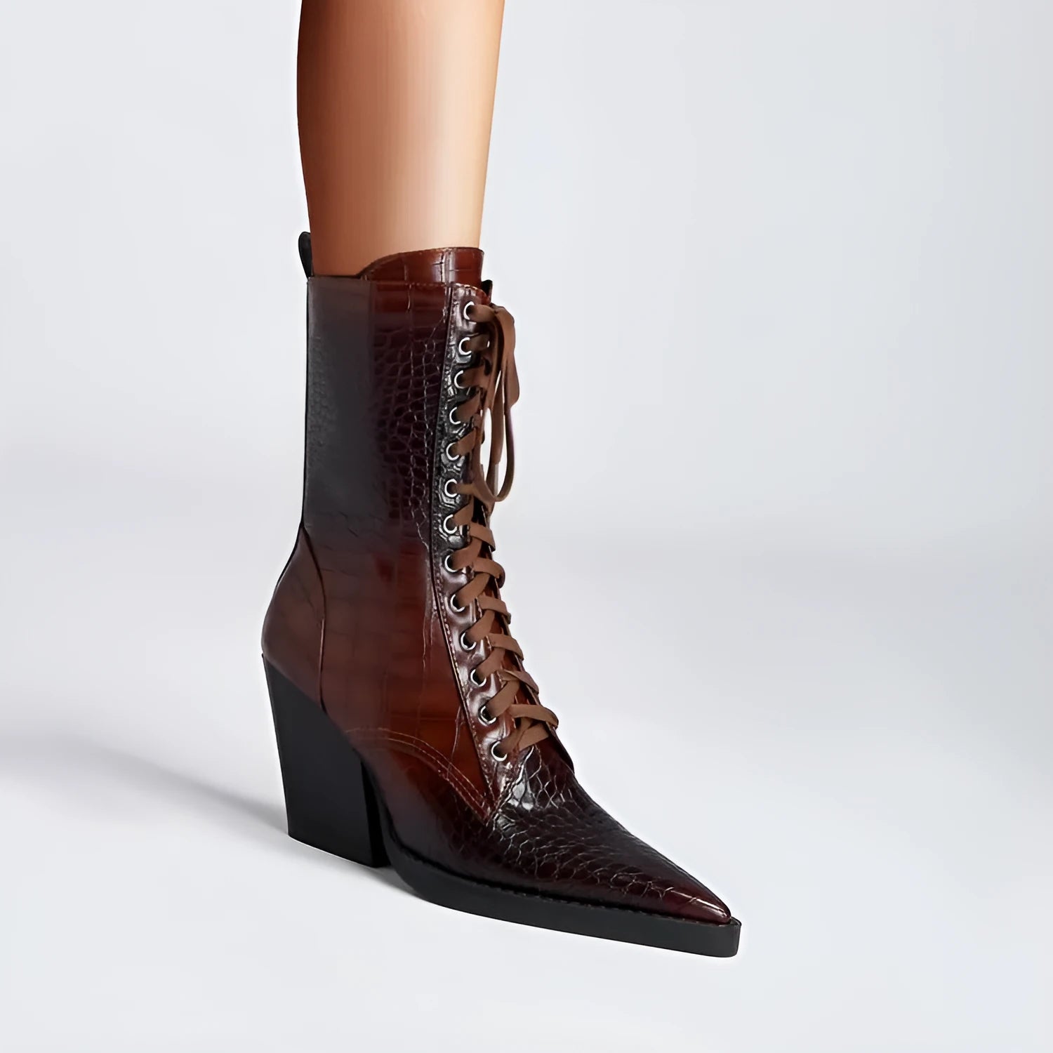 Retro pointed toe women's boots with chunky heel and lace-up details in dark brown