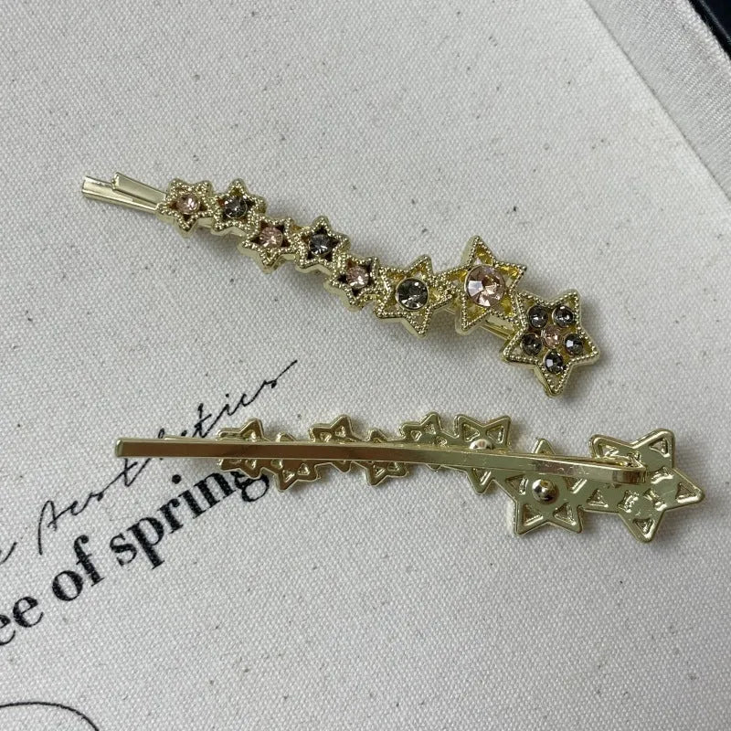 Gold electroplated Korean style barrette with five-pointed star rhinestone design for hair