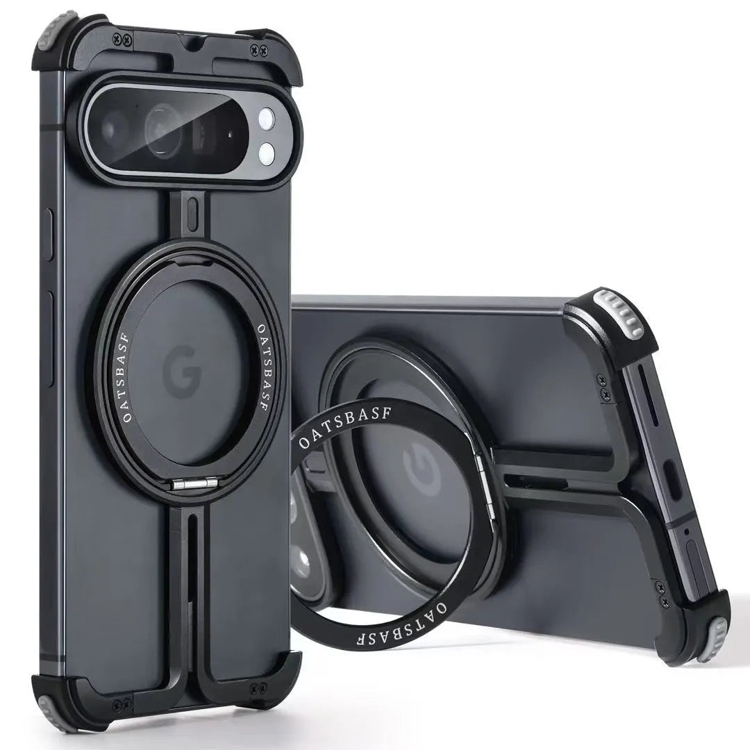 Google Pixel 9 Pro Fold aluminium alloy phone case with black finish, magnetic bracket, and rotatable stand