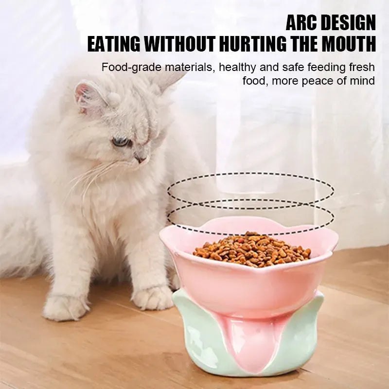 Blue ceramic elevated pet bowl with floral pattern and non-slip base for cat or small dog
