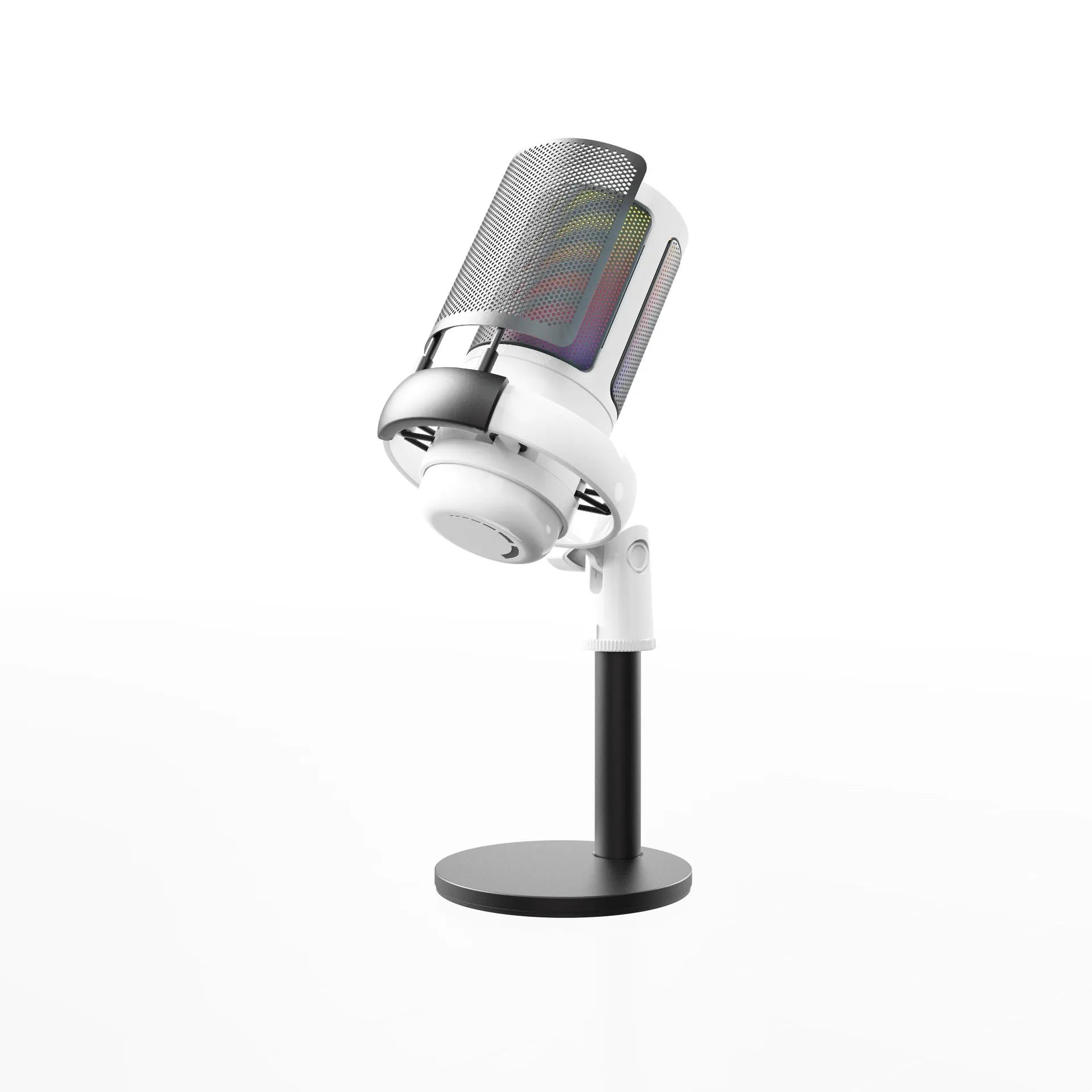 USB condenser microphone with RGB lighting in black, white, or pink for live streaming