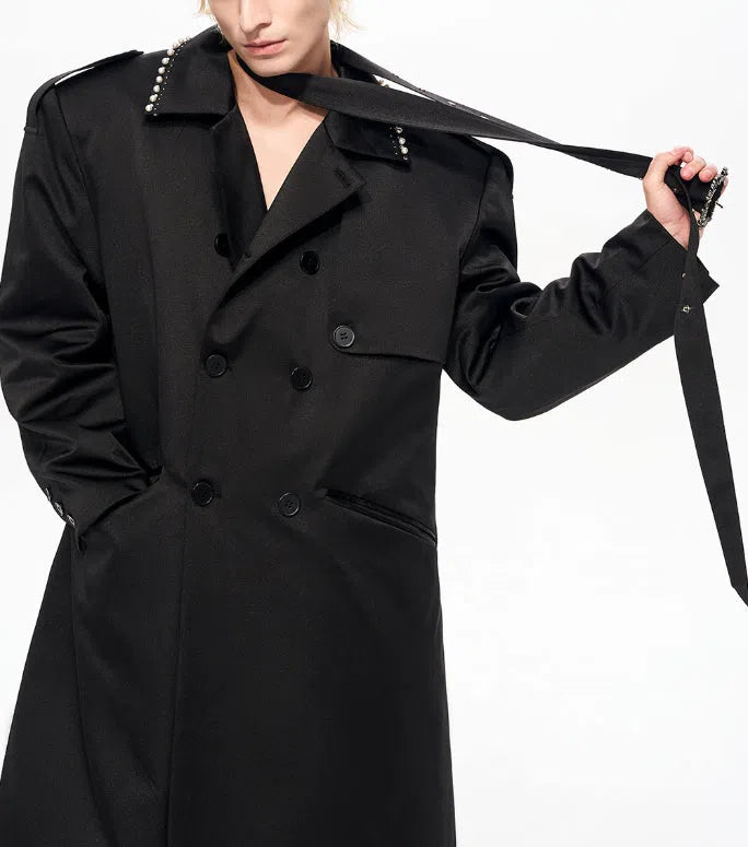 Black padded trench coat medium length cotton polyester blend front view