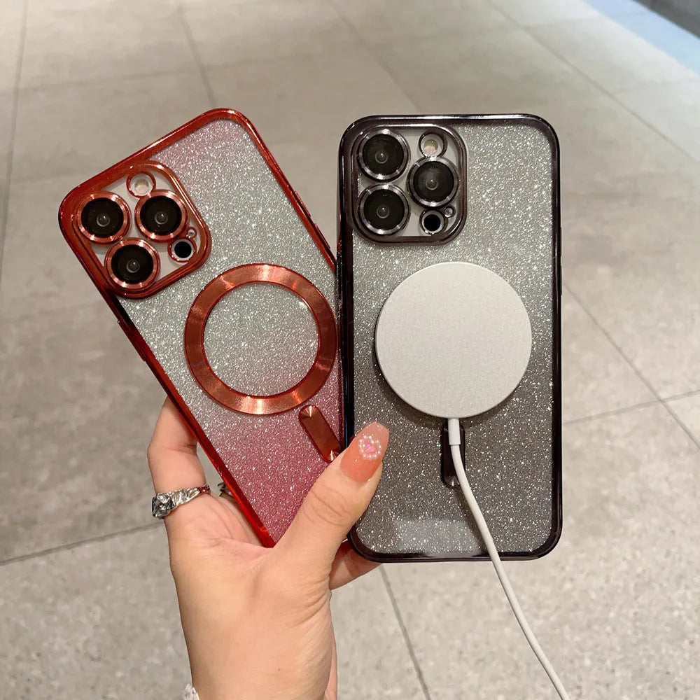 Electroplating magnetic mobile phone protective cover for Apple iPhone showing front and back with reflective finish and cutouts