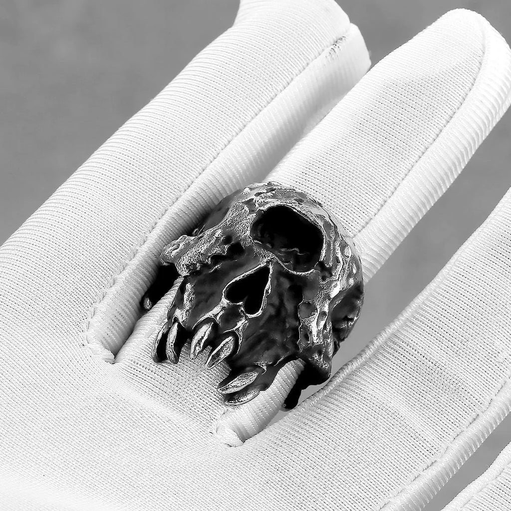 Alloy ring with electroplated finish showing one-eyed skull design in retro punk style
