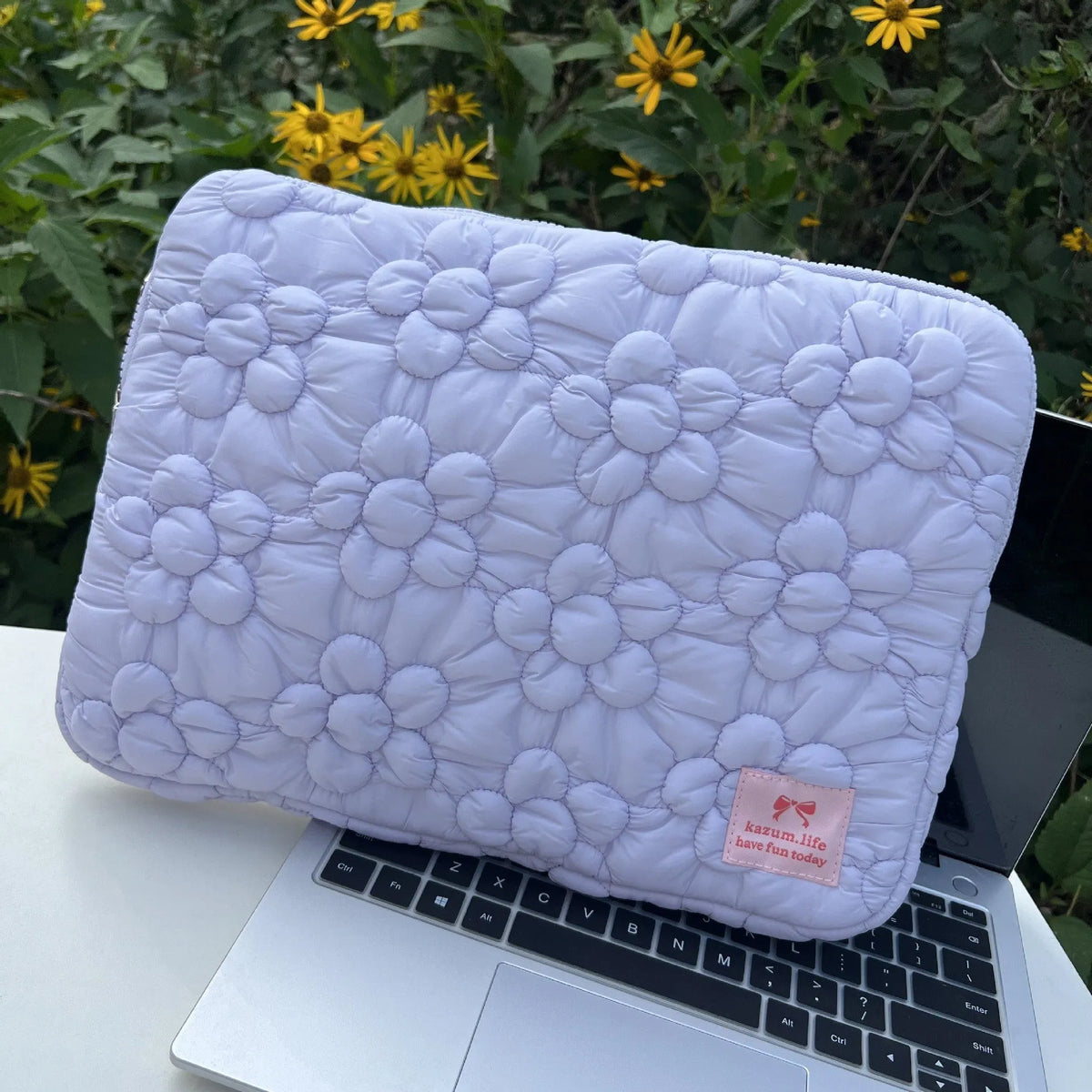 Embroidered bubble cotton tablet PC bag in milky white, light purple or pink, nylon laptop storage sleeve for 11, 13 or 15 inch devices