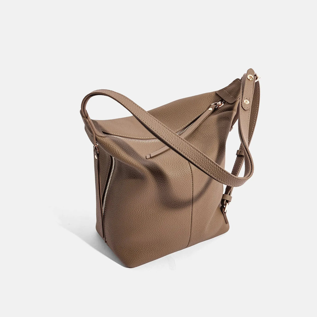 Women's soft genuine cowhide leather bucket bag in elephant grey colour