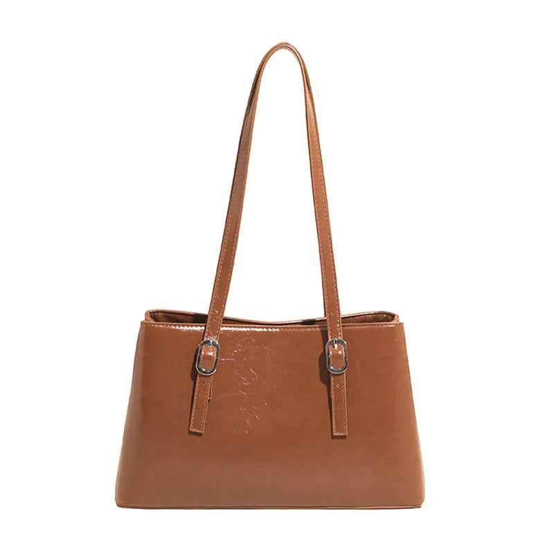 Retro underarm shoulder bag in PU material with horizontal square shape, double jointed strap, and sandwich pocket – large capacity handbag