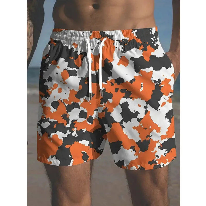 Men's polyester beach shorts with printed streetwear design and elastic waistband