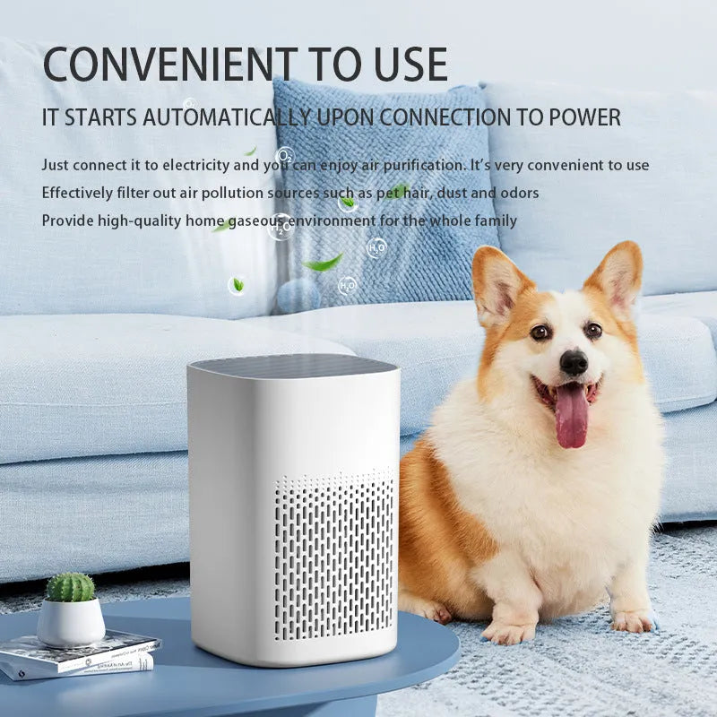 Simple style desktop air purifier with USB cable for rooms under 10 square metres.