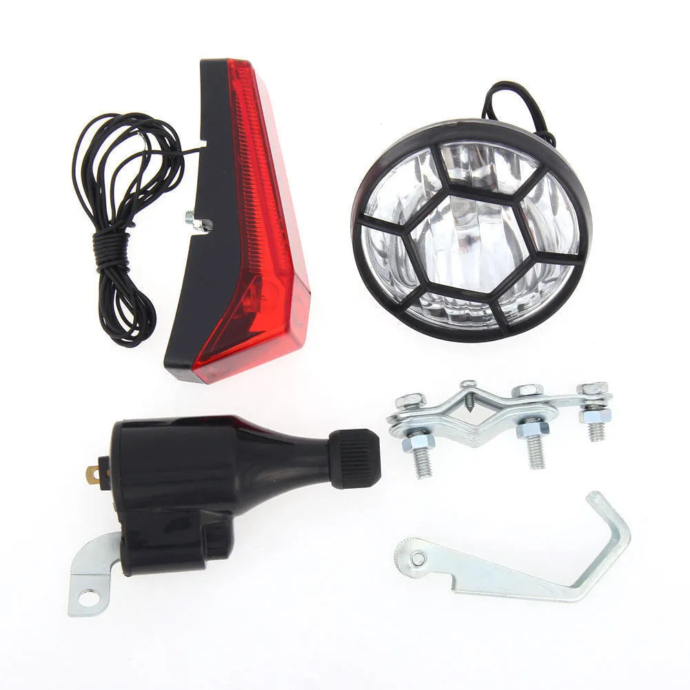 Silver bicycle generator light modification kit for friction-powered front and rear lighting