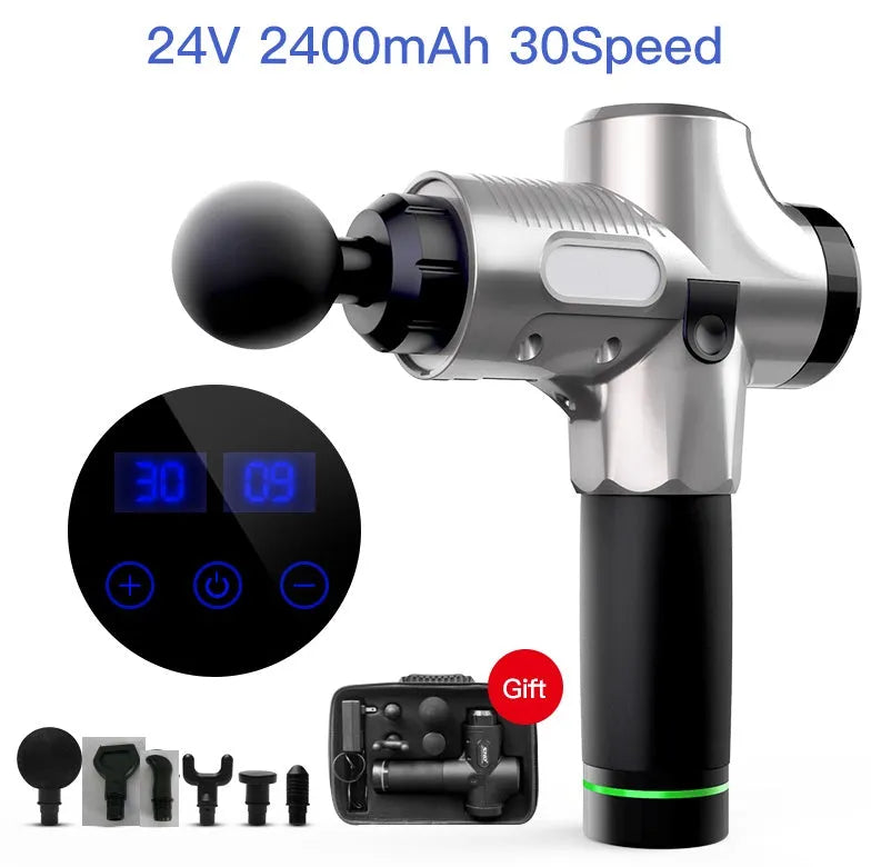 Fascia massage gun with 24V brushless motor, 30-speed control, six soft massage heads, and 2400mAh lithium battery in black.
