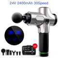 Fascia massage gun with 24V brushless motor, 30-speed control, six soft massage heads, and 2400mAh lithium battery in black.