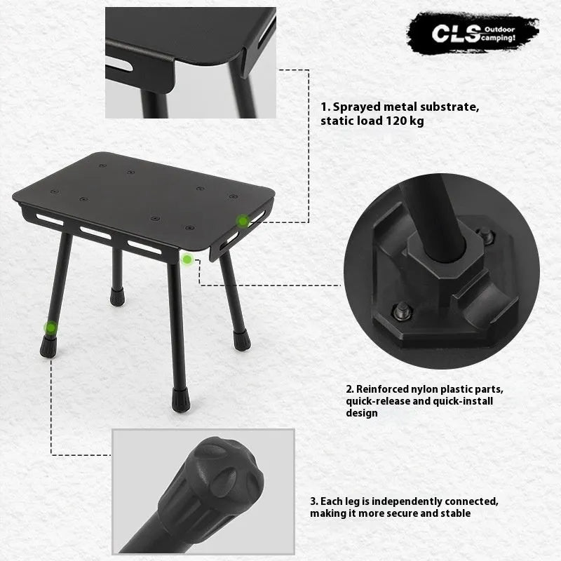 Aluminium folding stool set up as a small table with a beige PU mat cushion, next to its storage bag.