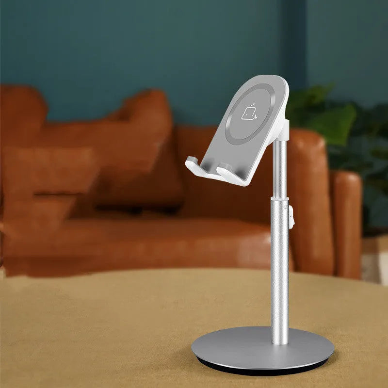 Silver metal S1 universal desktop stand holding a tablet and a mobile phone.