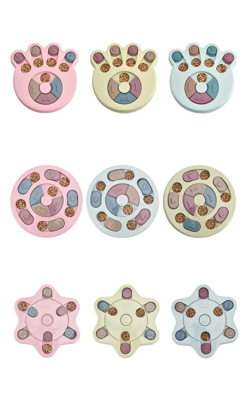 Dog puzzle feeder toy in PP material with non-slip base, available in footprint, round and hexagonal styles.