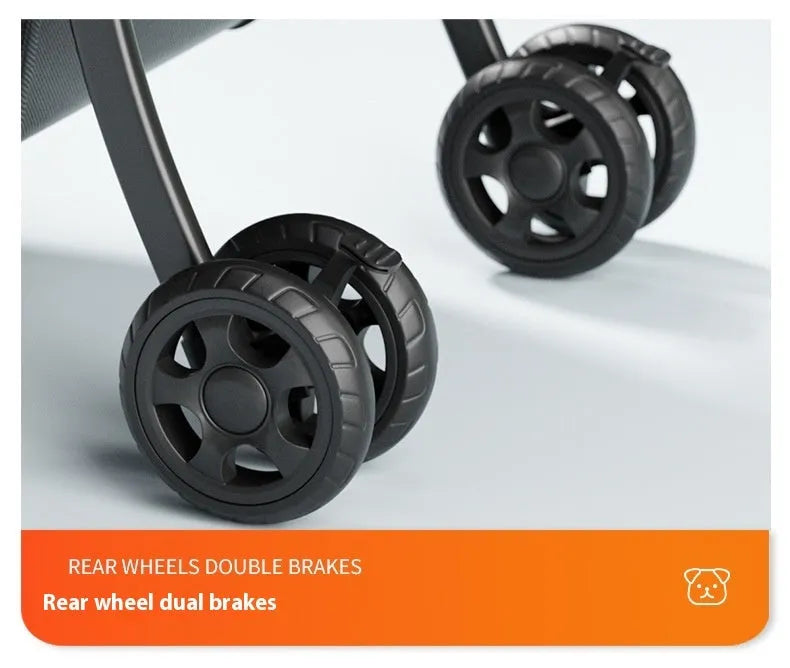 Black metal pet cart with removable wheels in folded position showing one-click folding mechanism