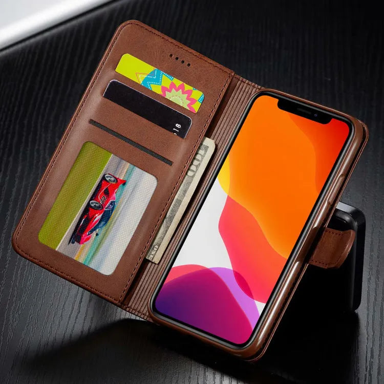 Brown leather wallet phone case with magnetic buckle and card slots for Apple iPhone