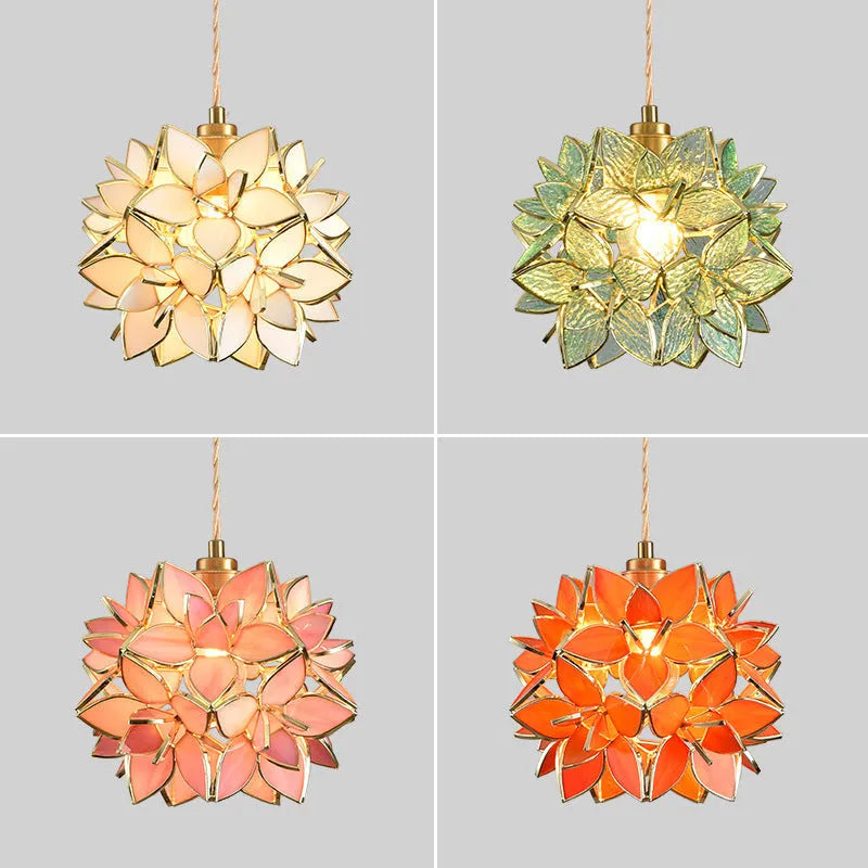 Stained glass hanging chandelier with copper fittings in blue, orange, pink, white or transparent colour options