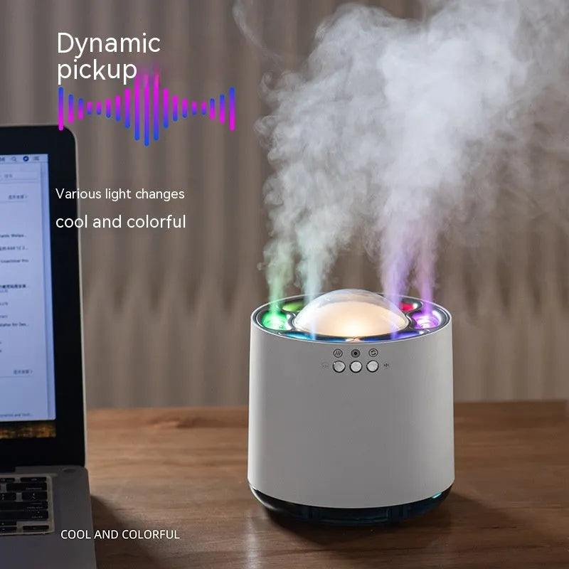 Simple white column desktop humidifier with colourful ambient lighting and six ultrasonic spray ports, 800mL tank, USB powered.