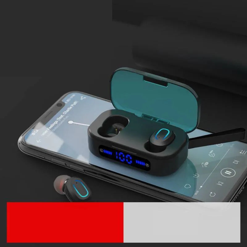Bluetooth mini headset with digital display in black and white colours with earplug style earbuds